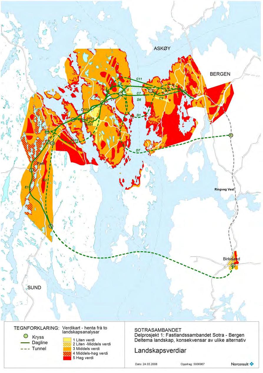 3.2 Verdikart På grunnlag av Asplan Viak sine to landskapsanalysar er det sett saman eit samla verdikart som dekkjer alle aktuelle alternativ for delprosjekt 1 for Sotra-sambandet.