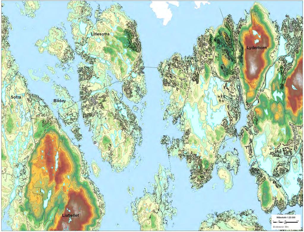 Byfjorden,Alvøyvassdraget, Lyderhorn og Liatårnet mest markerte landskapselement.