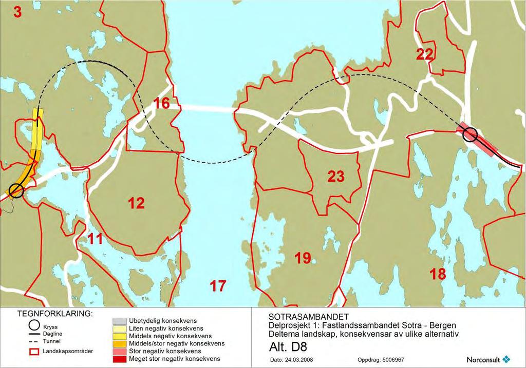 Figur 4.40 Konsekvenskart Prinsipp 2 Arefjord Storavatn. Alternativ D8 4.3.4 Prinsipp 3: Mellom Kolltveit og Birkeland Alternativ E1. Frå Flyplassvegen, inn i tunnel 10km under m.a. Tyssøy, ut i dagen ved Tellnesskogen, deretter ut i Fjell-landskapet med Fjellvassdraget og Fjell gard til Kolltveit, og inn i tunnel.