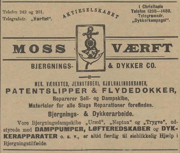 Bergingsdampskip 1902-1914 I 1902 kjøpte Moss Værft, Bjergnings & Dykker co. Trygve.