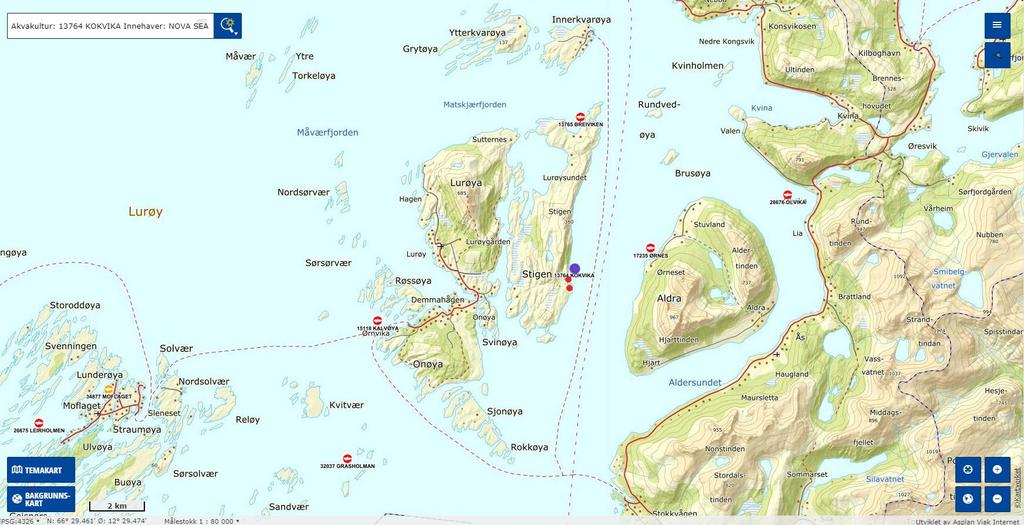 Figur 1: Oversiktskart som viser anleggsplassering og undersøkelsesområdet (lilla prikk). Målestokk 1:80 000. Kilde: Fiskeridirektoratets karttjeneste.