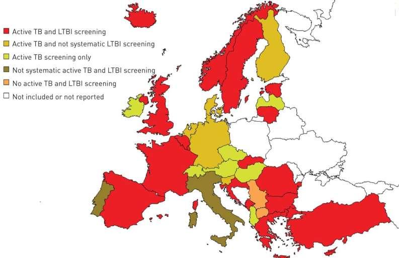 Land som screener for TB og LTBI i Europa i 2016.