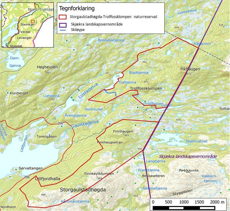 Figur 2. Storgaulstadhøgda-Trollfossklompen naturreservat, på grensen til Skjækra landskapsvernområde, i Steinkjer kommune. 1.2.1 Vegetasjon og geologi Store deler av naturreservatet ligger på kalkrik berggrunn.
