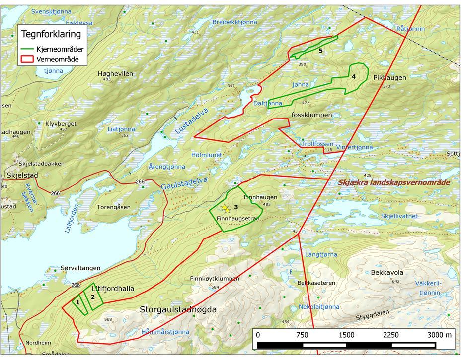 Figur 3. Kart med kjerneområder i Storgaulstadhøgda-Trollfossklompen naturreservat. Stjernene markerer kjente forekomster av marisko (Cypripedium calceolus). Tabell 1.