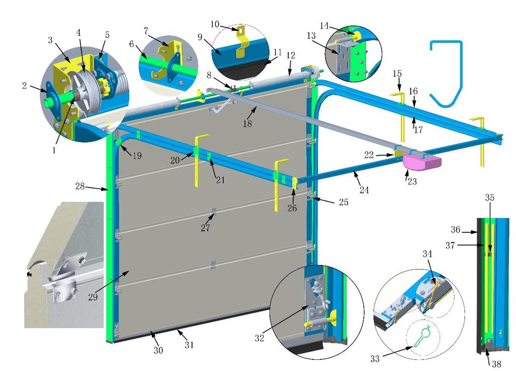 4. Oversikts diagram 1 PVC avstandsring 2 Lager 3 Sidelager brankett 4 Wirehjul 5 Fjærbruddsikring 6 Aksling 7 Midtlager brankett 8 Akselkobling 9 Avstandsmal front 10 Holder for avstandsmal 11