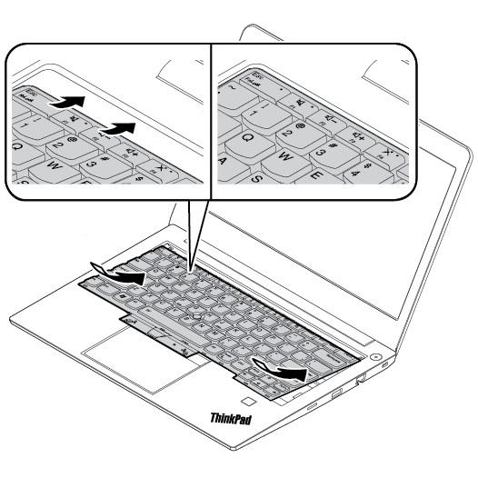 2. Skyv tastaturet inn i holderen, som vist. Pass på at den fremre kanten på tastaturet (kanten nær skjermen) er under tastaturholderen. 3.