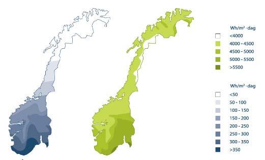 no I månedene mai, juni og juli har vi den største solinnstrålingen i Norge, men ved å optimalisere hellingsvinkelen og retningen på solcellene eller solfangerne vil man også i månedene med lite sol