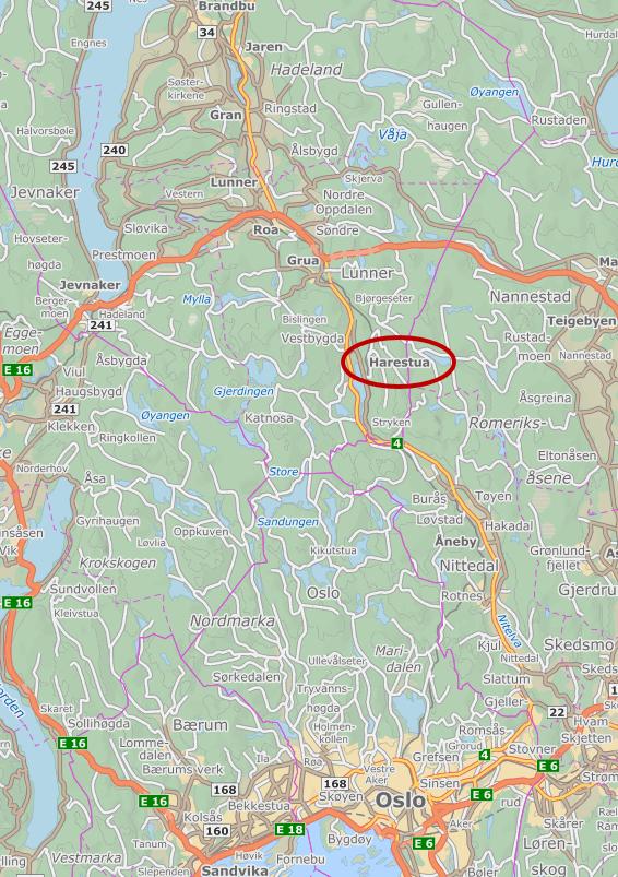 Lokalisering og bruk Planområdet ligger i Lunner kommune i Oppland fylke, ca. 45 km nord for Oslo, mellom Nittedal i syd og Hadeland i nord. Hovedveg rv. 4 og lokalvei fv. 16 (tidligere rv.