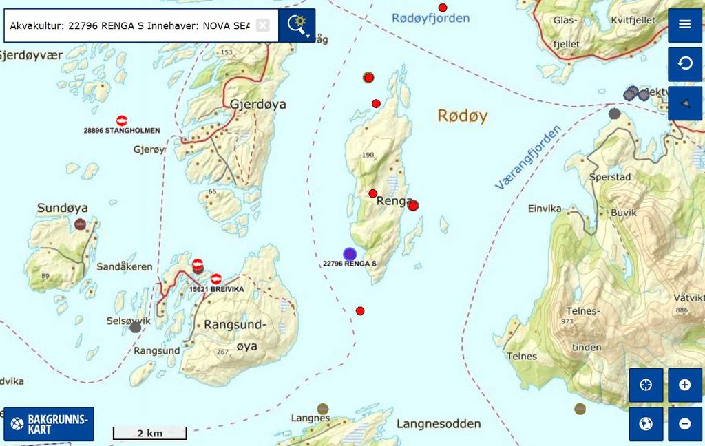 Figur 2: Oversiktskart med plasseringen av anlegget Renga S (blå runding) i forhold til andre anlegg (røde). Målestokk vises i venstre hjørne, kartkilde i 1:80 000.