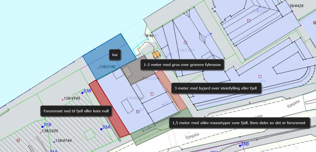 Sånn ser det ut i grove trekk Det som er muliger at: Under sjøgata 37 kan det ligge 2-3 meter med forurenset masse i den nedre 2/3 og i den øvre 1/3 (mot