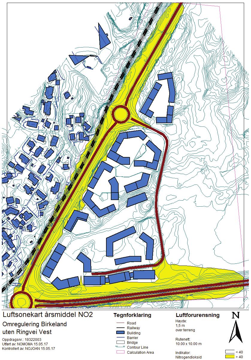 Figur 5-1: Spredningsberegninger av vintermiddel NO2 for planforslaget uten Ringvei Vest,