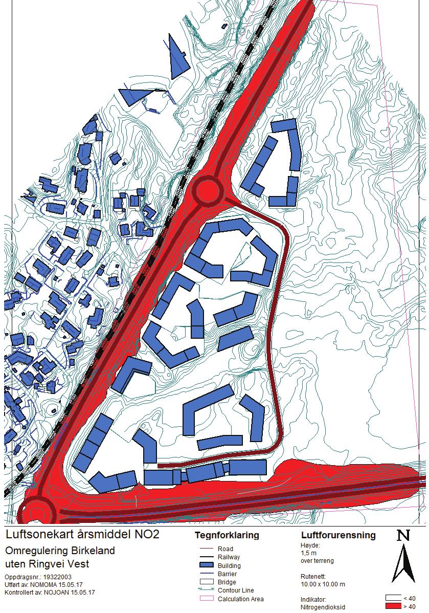 Figur 5-2: Spredningsberegninger av årsmiddel NO2 for planforslaget uten Ringvei Vest,