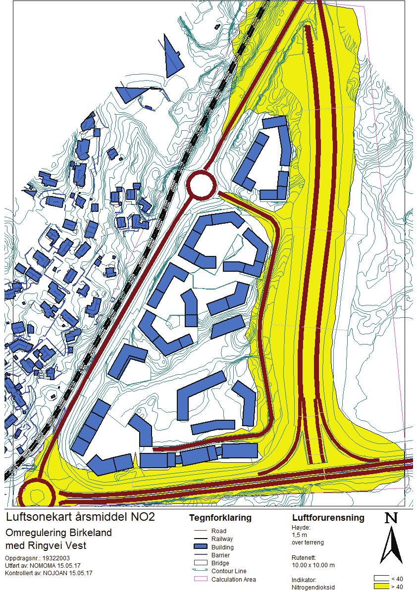 Figur 5-4: Spredningsberegninger av vintermiddel NO2 for planforslaget med Ringvei Vest,