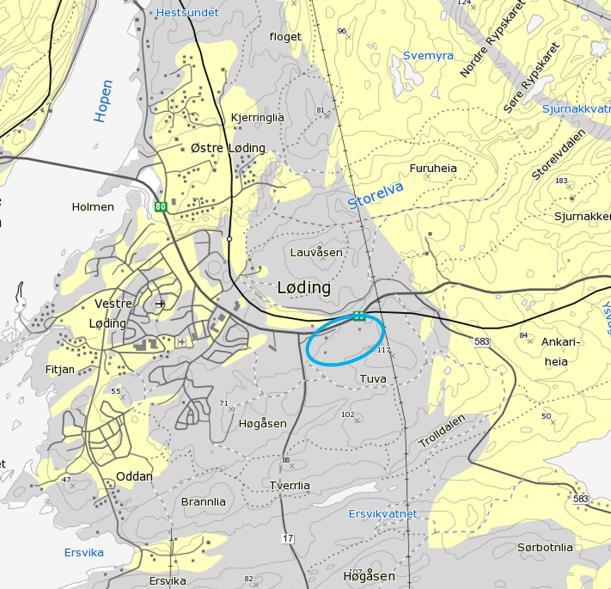 Er det radon i grunnen? Planområdet (vist med blå ellipse) ligger i områder definert som «usikker aktsomhet» for radon (grå farge) ifølge NGU s kartinnsyn.