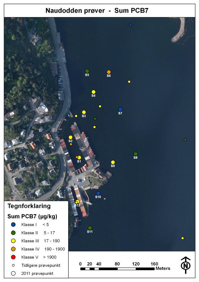 Naudodden småbåthavn - Tilleggsundersøkelser og tiltaksvurdering 20 / 51 en gjennomfører miljøtiltak ift disse to stoffene vil også hensynet til PCB være ivaretatt Figur 5: Kart som viser
