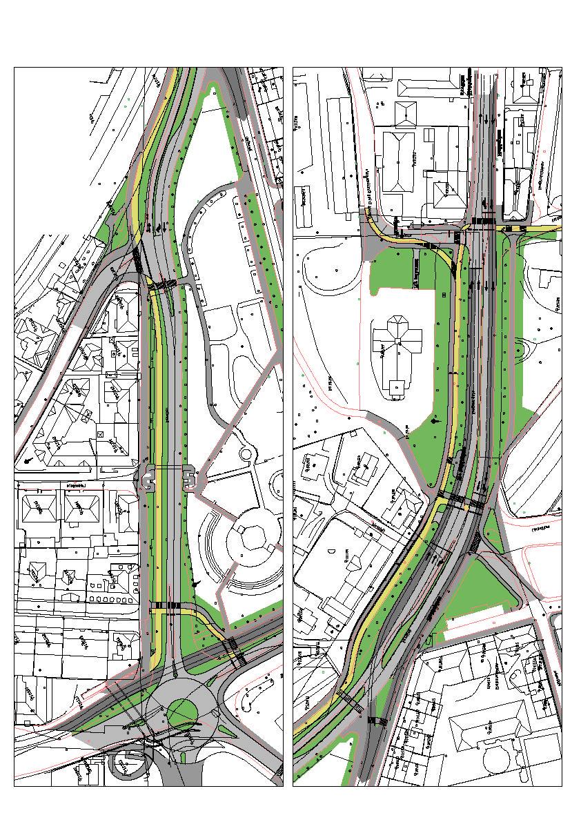 Figur 1: Plan for permanent ombygging av Søndre Ilevollen og Kongens gate. Kollektivfeltene er vist med mørk grå farge og sykkelvegen med gul farge.