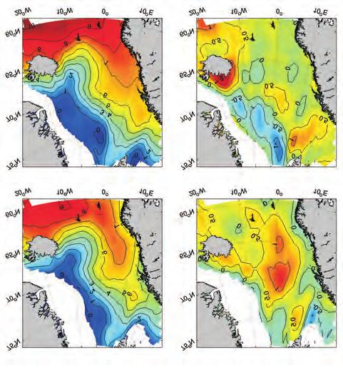 KAPITTEL 2 Figur 2.6 Overfl atetemperatur og temperaturavvik i Norskehavet målt fra satellitt. Hvitt felt angir et isdekke på over 50 %.