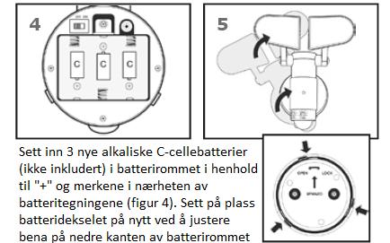 BATTERI ERSTATNING Når den røde LED-indikatoren for lavt batteri på forsiden av LED-lampen lyser, er batteriene lave og må byttes ut.