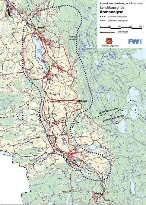 64 Rv 4 Roa Jaren Grindeker Haug Rommet utgjøres av en dal mellom Sau og Hov med sammenhengende kulturlandskap. Skogen på Skjervumsmoen skiller området fra rv 4. Området har middels verdi.