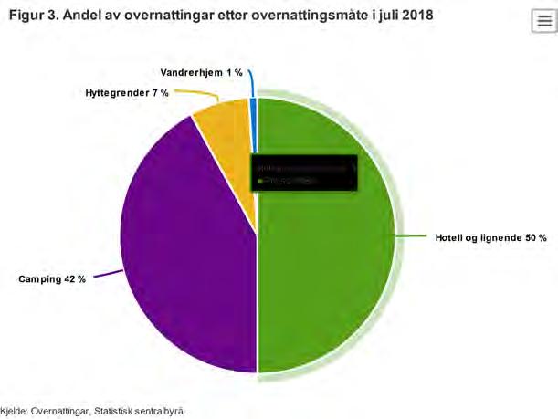 Større del av overnattinger på campingplasser I juli 2018 utgjorde delen campingovernattinger 42 prosent av de totale overnattingene, som er en økning fra i fjor.