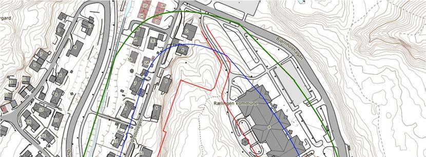 Figur 2: Rød strek markerer planområdet, den blå ringen viser 50 m radius og den grønne viser 100 m.