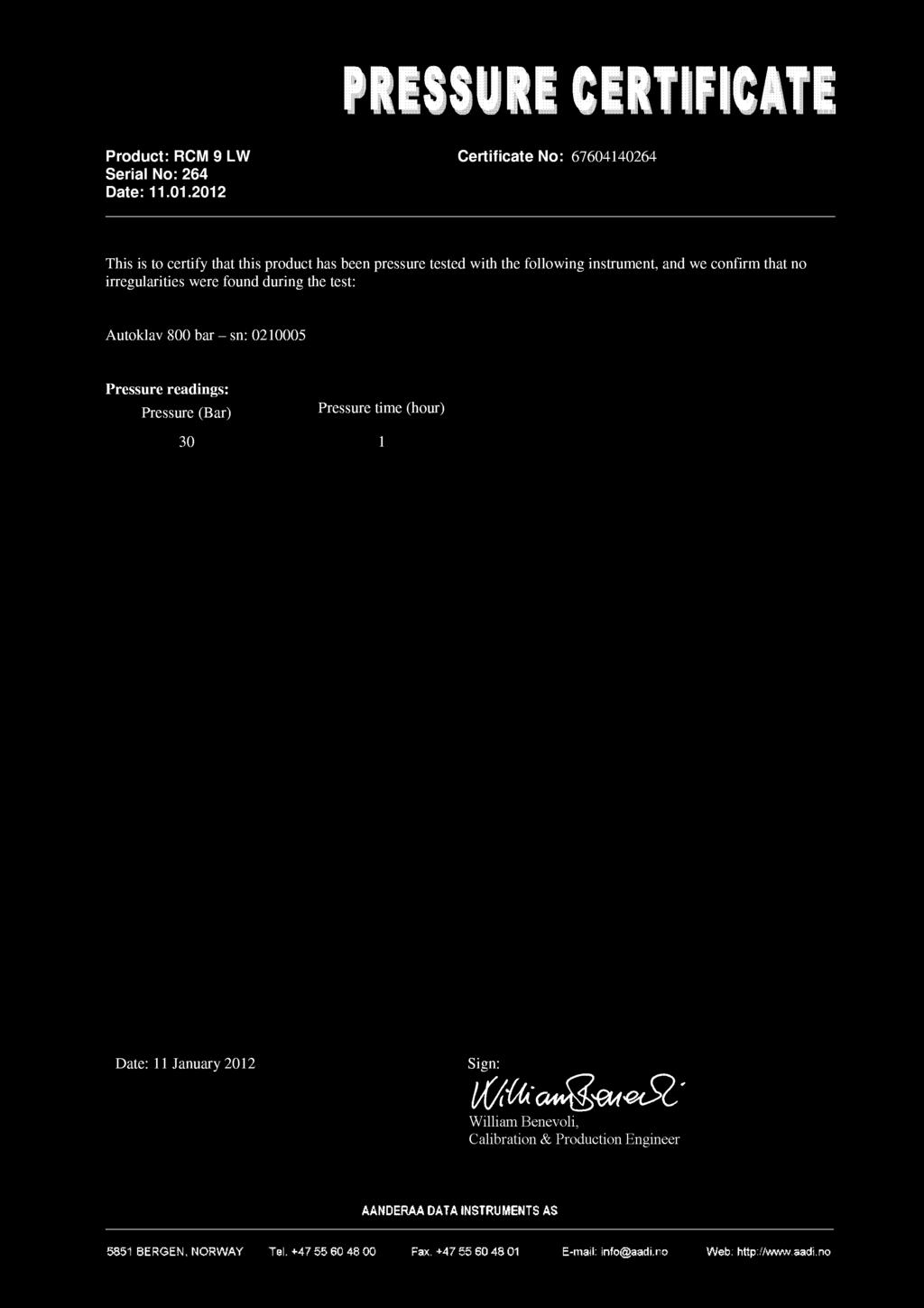 Form No. 667, Sept 2009 Product: RCM 9 LW Certificate No: 67604140264 Serial No: 264 Date: 11.01.