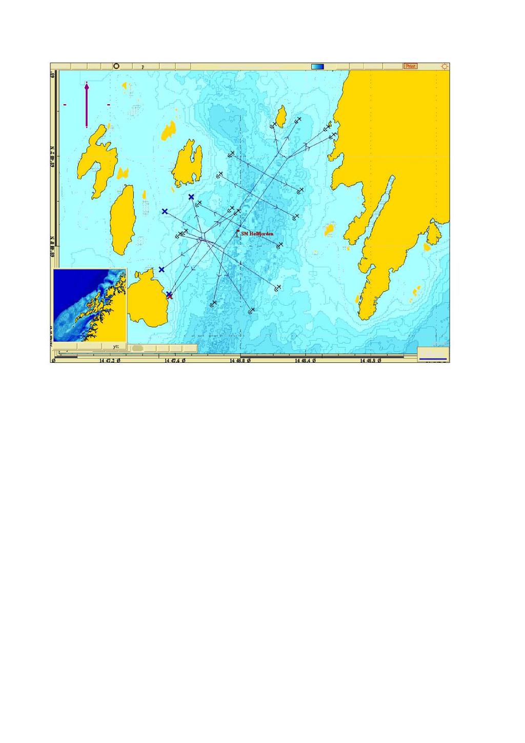 Figur 1 Plassering av strømmålerrigg på lokaliteten Hellfjorden. 2.3 Beskrivelse av rigg Målerne ble satt ut på en rigg med målere på 5 m, 15 m, spredningsstrøm og bunnstrøm (vedlegg 6. 2 ).