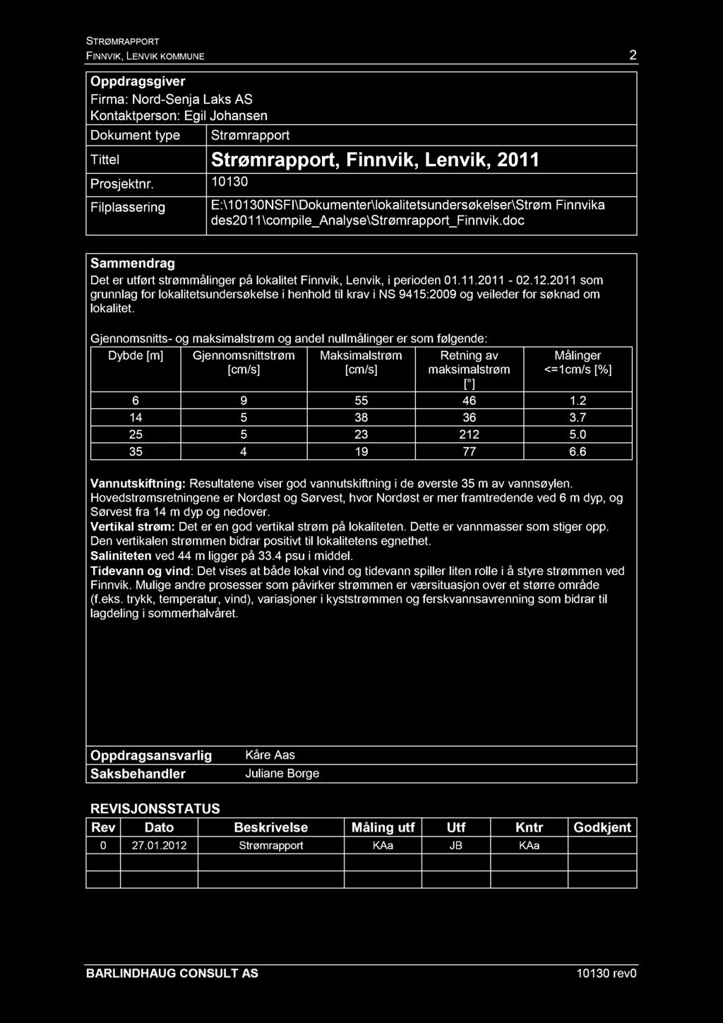 FIN NVIK, LENVIK KOMMUNE 2 Oppdragsgiver Firma: Nord - Senja Laks AS Kontaktperson: Egil Johansen Dokument type Strømrapport Tittel Strøm rapport, Finnvik, Lenvik, 201 1 Prosjektnr.