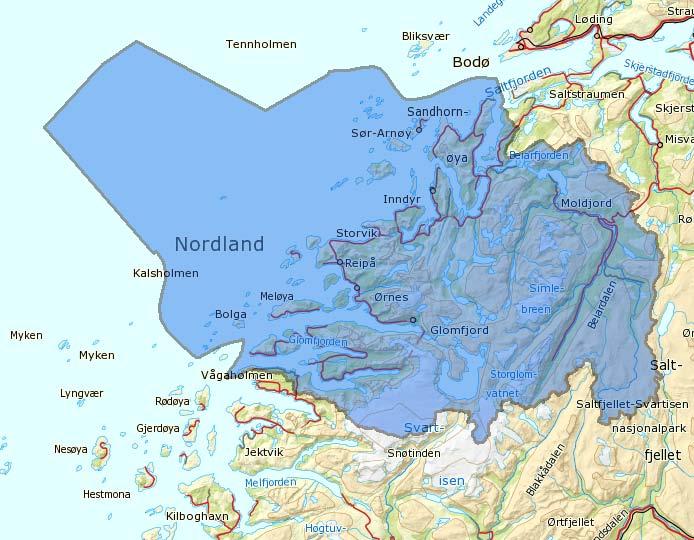 Området strekker seg fra Saltfjellet og Junkerdalen i sør til Kjerringøy i nord, Sultjelma i øst og Bodø og Bliksvær i vest.