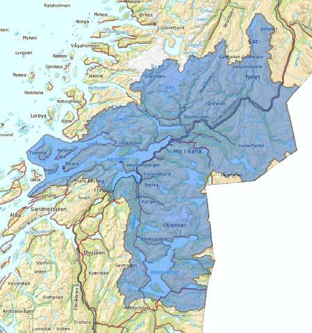 2.5.8 Ranfjorden Vannområde Ranfjorden omfatter et totalareal 7844 km 2. Av registrerte vannforekomster utgjør elver ca 13728 km 2, innsjøer ca 484 km 2, grunnvann ca 94 km 2 og kystvann 590 km 2.