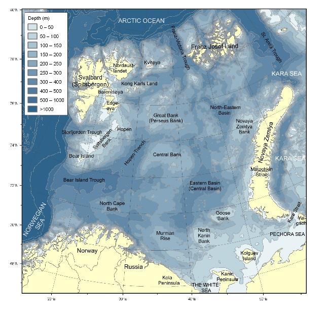 4 Topografi, sirkulasjon og vannmasser Barentshavet er et av de grunne sokkelhavene som omgir det dype Polhavet.