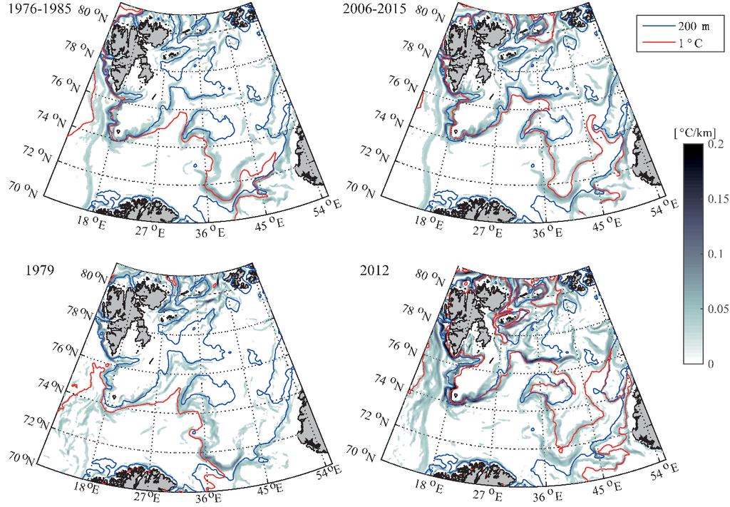 tidevannsfronten på Spitsbergenbanken, hvor det ikke er noen temperaturgradienter om vinteren. Modellresultatene viser også at tetthetsgradientene i tidevannsfronten er visket bort om vinteren.