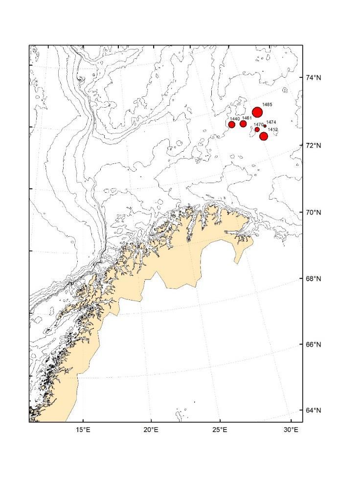 Figur 9.3. Kart over MAREANO-stasjoner hvor de største forekomstene av Haploops er registrert. Dette er høy-produktive områder rett sør for polarfronten.