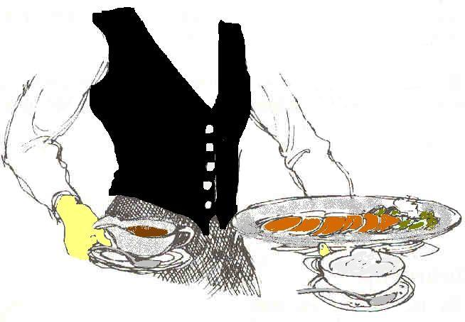 Hvordan bære 2. servise: Saus bæres i høyre hånd. Poteter og fat bæres i venstre hånd.