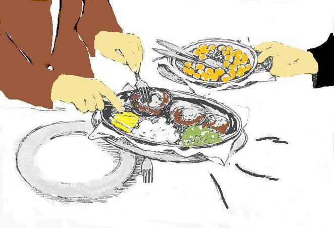 Fransk servering: Kokkene legger opp maten på fat. Servitøren holder fatet fra gjestens venstre side.