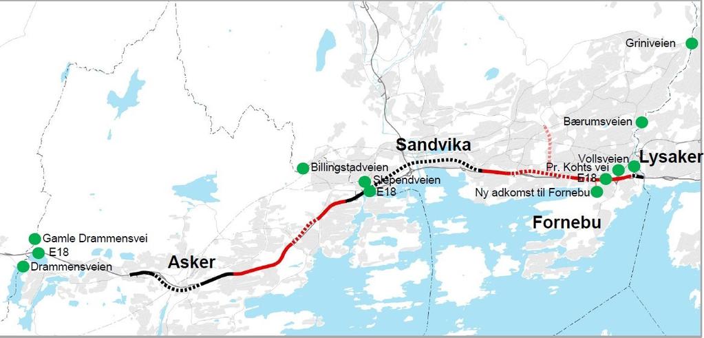 5 DEL 2 MER OM SAKEN: Beskrivelse av prosjektet Prosjektet E18 Vestkorridoren omfatter E18 mellom Lysaker på grensen til Oslo og Drengsrud i Asker kommune.