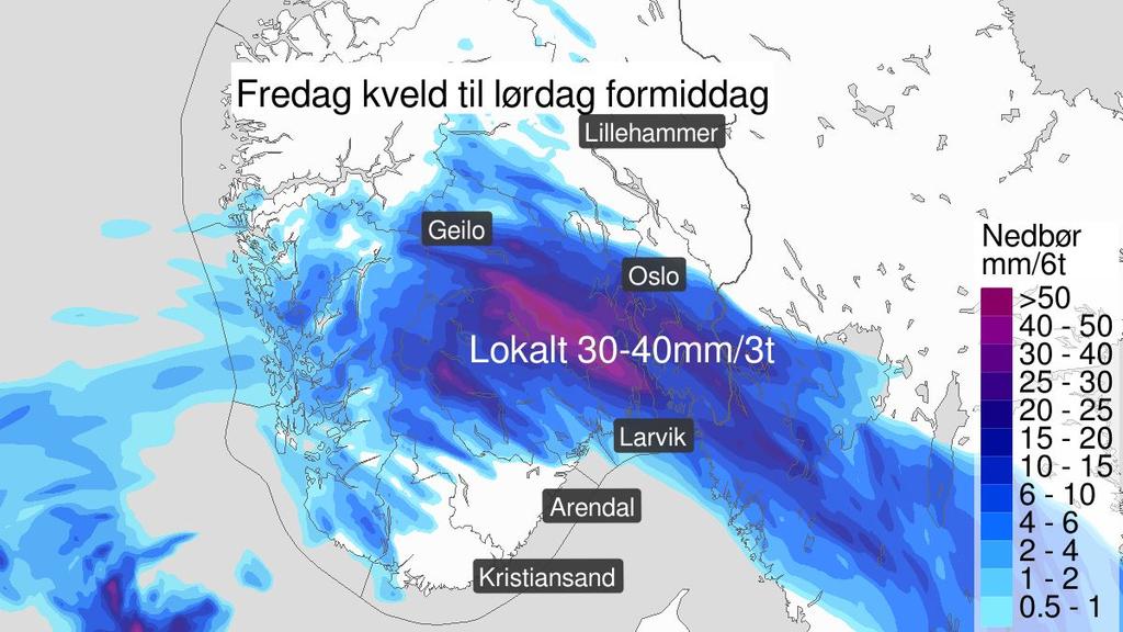 Konsekvenser: Det er fare for overvann i tettbygde områder, lokale oversvømmelser, bekke- og elveløpsendringer, jord- og flomskred der regnbygene treffer.