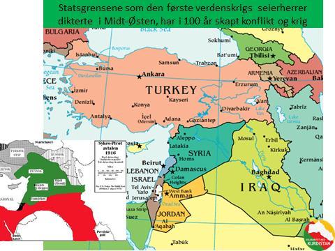 Bilde 9. Dagens statsgrenser i Midt-Østen vest for Iran ble i hovedsak bestemt da seierherrene i den første verdenskrig delte opp Kurdistan og resten av det knuste Osmanske riket.