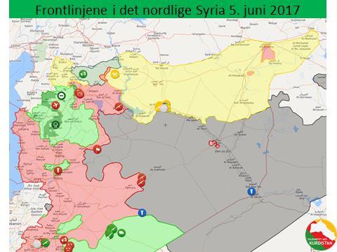 Bilde 17. http://syria.liveuamap.com/ Slik var frontlinjene i juni 2017. De grå felta var fortsatt under IS-kontroll. Siden ISnederlaget i Kobani 2015, har de blitt mindre og mindre.
