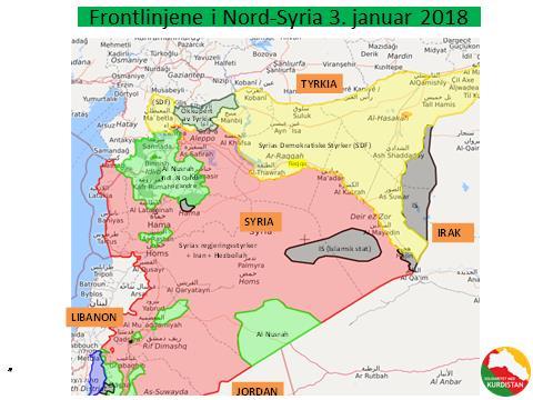 Bilde 18. Sju måneder senere, 3. februar 2018, var frontlinjene slik. Regjeringsstyrkene i Syria og SDF har rykka fram mot IS på hver sin side av Eufrat.