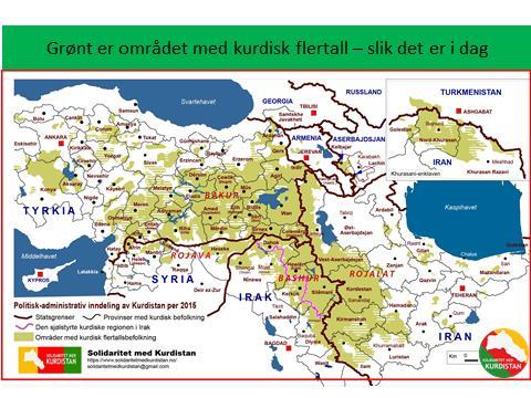 Bilde 8. Det kurdiske flertallsområdet er grønt på dette nye kartet. Dette er mer nøyaktig enn det engelske kartet fra 1915, men dekker samme område.