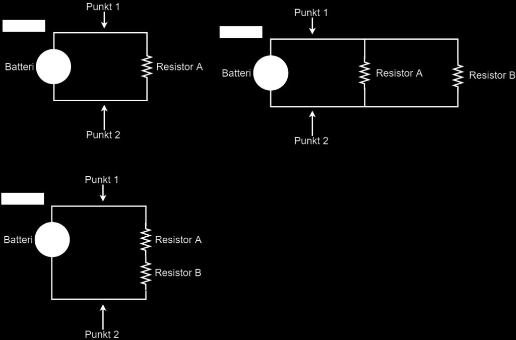 Er strømmen gjennom punkt 1, punkt 2, resistor A, og resistor B forskjellige