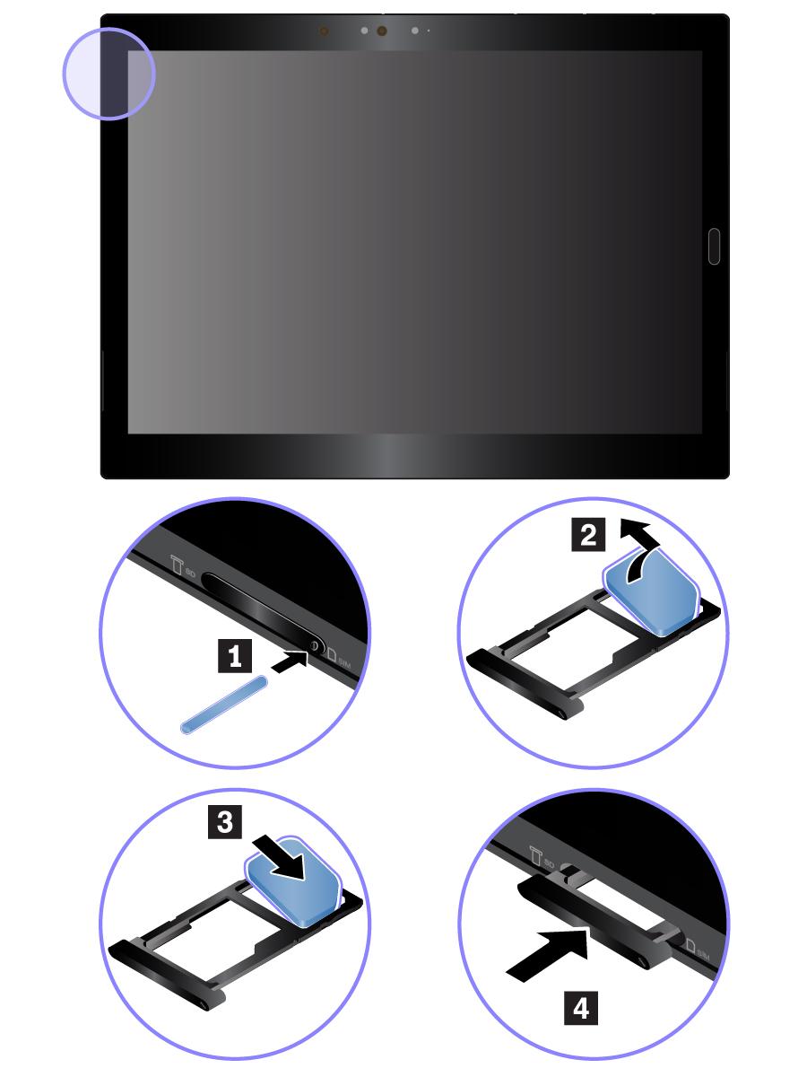 2. Installer et nytt nano-sim-kort i holderen med metallkontaktene pekende ned 3. Sett holderen inn i nano-sim- og microsd-kortsporet til du hører et klikk 4.