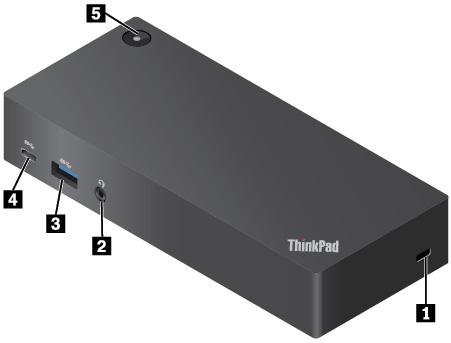 Oversikt over ThinkPad USB-C Dock 1 Spor for sikkerhetslås: Brukes til å beskytte dokkingstasjonen mot tyveri ved å låse den til en stasjonær gjenstand.