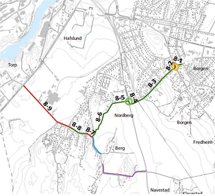 På delstrekning 8-7 er det anlagt fortau. Det er nylig etablert G/S vei fra SIKA krysset (Krysset Navestadveien Nordvergveien) til den eksisterende G/S ved Hafslund trafikkstasjon.