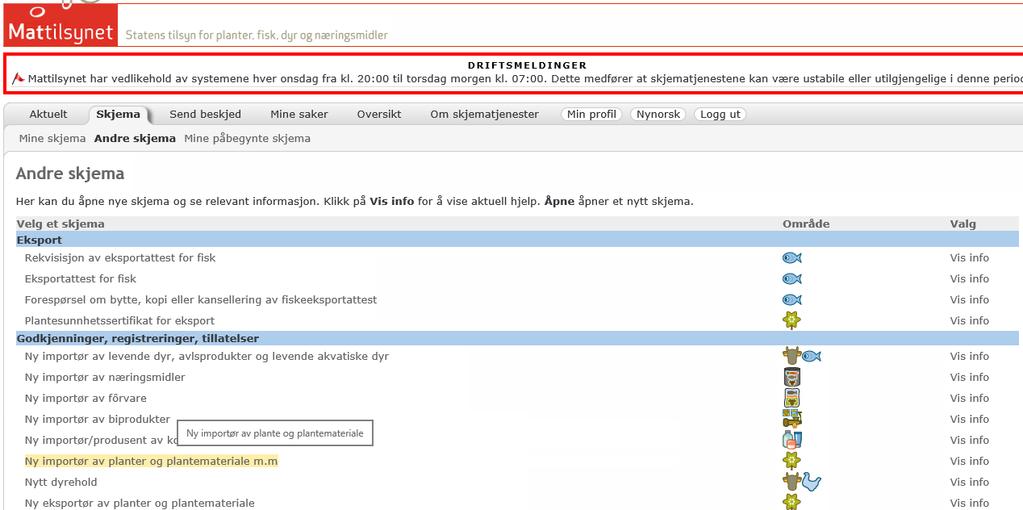 Du kommer da til siden «Mattilsynets skjematjenester». Klikk på lenken «logg deg på Mattilsynets skjematjenester» og deretter «Logg inn via ID-porten».