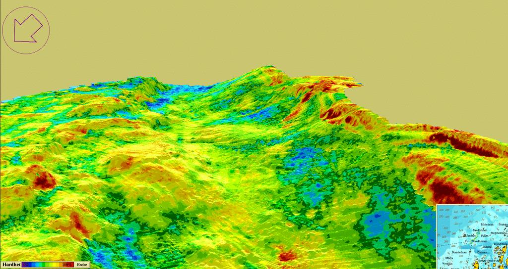 Figur 8: Tredimensjonal bunntopografi (sett fra nordøst) og bunnhardhet for