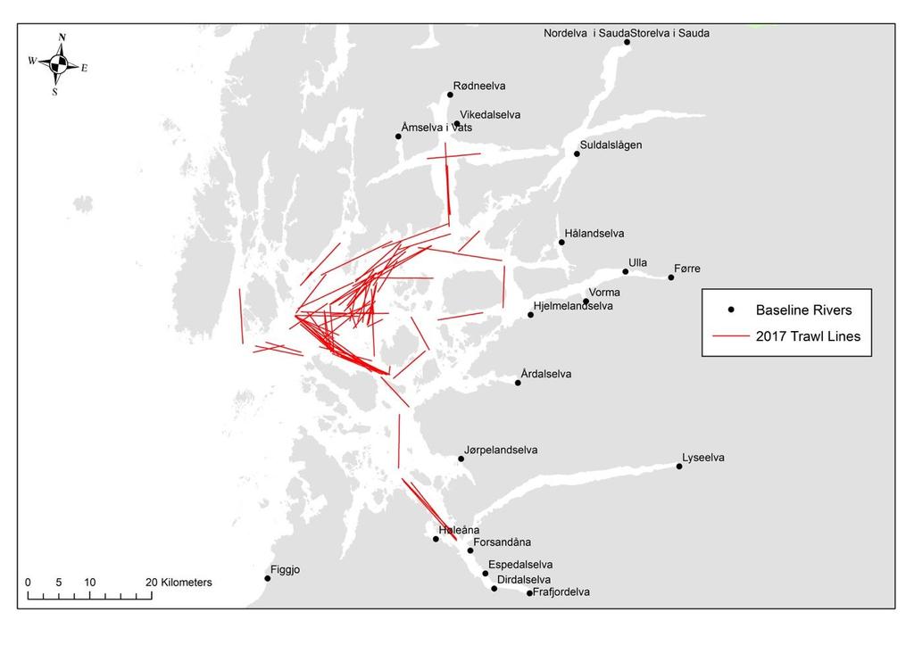 2 Metode Figur 1: Linje med trukket linje mellom start- og slutt-posisjon for trållinjer for Sognefjorden (øverst), Hardangerfjorden (midten) Boknafjorden (nederst).
