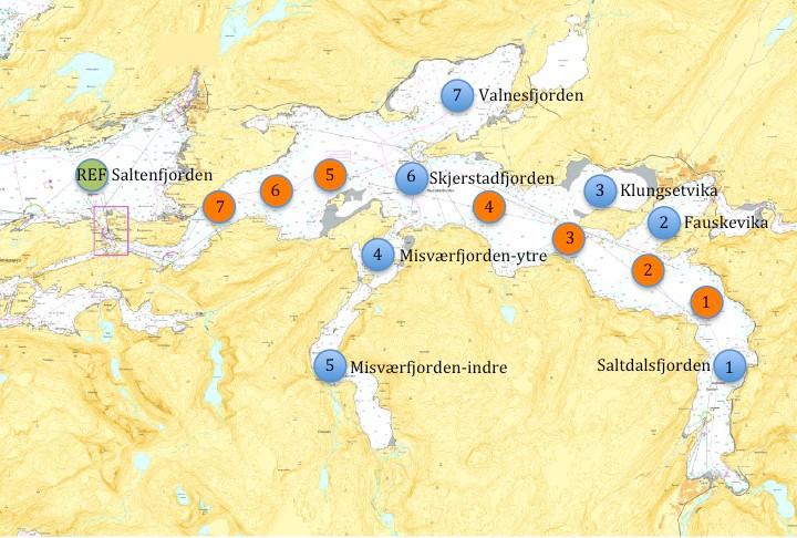 Figur 1 Skjerstadfjorden-prøvetakingsstasjoner En samlet vurdering av resultatene fra miljøundersøkelsen viser at miljøtilstanden i Skjerstadfjorden er GOD eller MEGET GOD for siktedyp, oksygen i