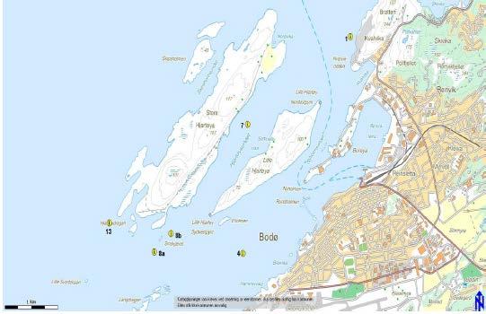 Figur 2 Bodø havn - prøvepunkter I alle målingene fra vinter 2012 er nivåene for intenstinale entrokokker og E.